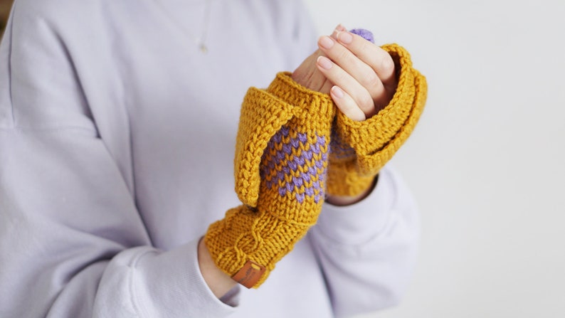 Converteerbare winterwanten voor dames, mosterdgele handschoenen met Scandinavisch design, extra dikke armvingerloze wanten afbeelding 7