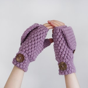 Convertible Mittens with Flip Tops | Winter Gloves for Women | Thick Wool Gloves in Purple | Crochet Fingerless Mittens