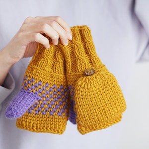 Converteerbare winterwanten voor dames, mosterdgele handschoenen met Scandinavisch design, extra dikke armvingerloze wanten afbeelding 8
