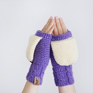 Purple Convertible Mittens for Women, Winter Accessories, Colorful Wool Gloves, Arm Warmers image 4