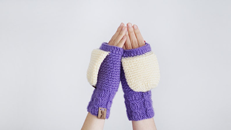 Purple Convertible Mittens for Women, Winter Accessories, Colorful Wool Gloves, Arm Warmers image 4