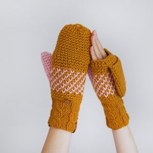 Winter Convertible Mittens for Women, Mustard Yellow Gloves With Nordic Design, Extra Thick Arm Fingerless Mittens image 10