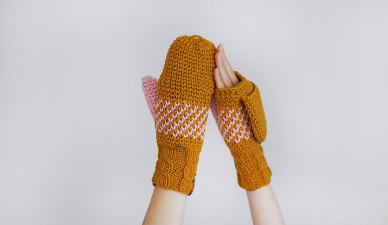 Converteerbare winterwanten voor dames, mosterdgele handschoenen met Scandinavisch design, extra dikke armvingerloze wanten afbeelding 10
