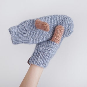 Mohair Wool Mittens for Women, Blue Winter Fully Covered Gloves, Delicate Knitted Mittens image 2