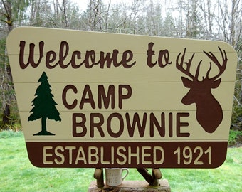 CAMP NAME with Est date, Forest Service Park Welcome road cabin lodge campground sign. Hand carved routed lettering & silhouettes CUS551L+