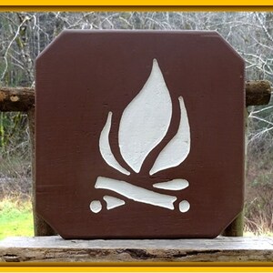 Vintage style campground CAMPFIRE SYMBOL or ICON sign, trail road cabin lodge retreat camp sign. Carved routed lettering 224S