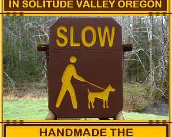 National Park style DOG WALKER hazard sign. For road street cabin campground. Hand carved routed painted reflective letters & symbols SP890x