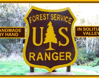 PARK FOREST SERVICE iconic shield sign porch cabin lodge home camp. Hand carved routed lettering & tree. Finished indoor outdoor MA250S+