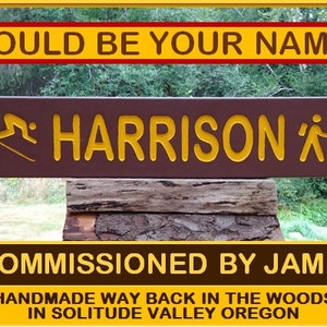 FAMILY NAME birthday gift, Park style trail street house cabin lodge camp sign. Hand carved routed reflective letters and 2 symbols CUS412O+