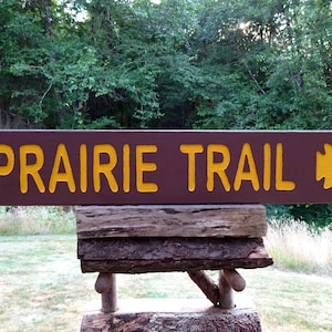 Trail name PRAIRIE TRAIL, Park path trail road home cabin campground sign. Hand carved routed reflective lettering and symbol 424H-M-