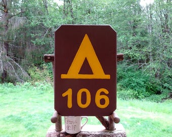 Park Style Customizable Camp Address with Tipi Symbol Sign. For Road Street Cabin. Carved Routed Painted Reflective Lettering & Tent MC407Ex