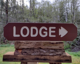 National Park style LODGE DIRECTION sign. For trail road street cabin campground. Hand carved routed reflective letters & arrowhead MA046C+