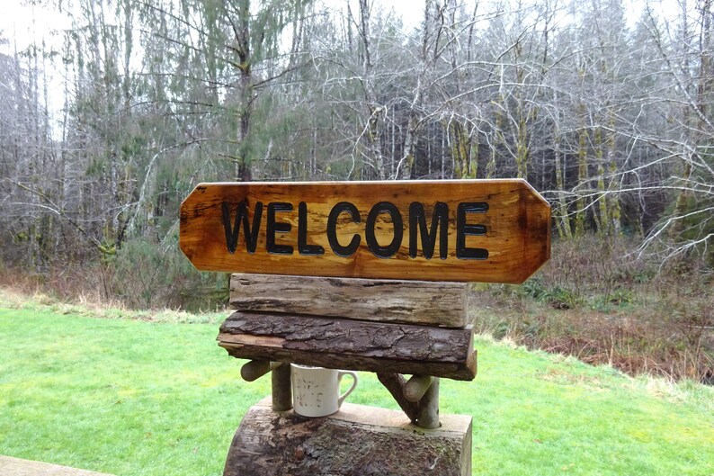 WELCOME sign on spalted Alder wood for your house cabin refuge lodge retreat camp campground sign. Hand carved routed black lettering SOS950 image 5