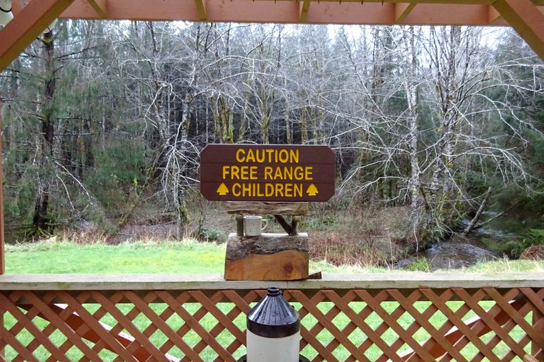 Caution FREE RANGE CHILDREN sign Park style trail road cabin lodge camp campground sign Hand carved routed reflective lettering 946sos