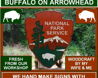 Hand Carved National Park Sign: Arrowhead & Buffalo Iconic Sign sp898L-5/0