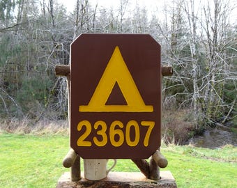 Hand Carved National Park Style CAMP ADDRESS Sign with Reflective Letters and Tent Symbol MC58Ac