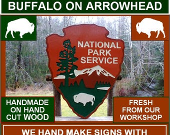 National Park ARROWHEAD AND BUFFALO iconic sign for porch cabin home camp. Carved routed lettering & graphics finished in/outdoor MN201Sx