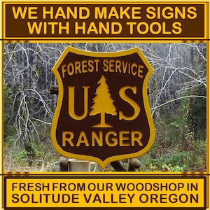 Forest Service iconic PARK RANGER SHIELD sign. For porch house cabin lodge campground. Hand carved routed painted lettering & tree MN250Sx