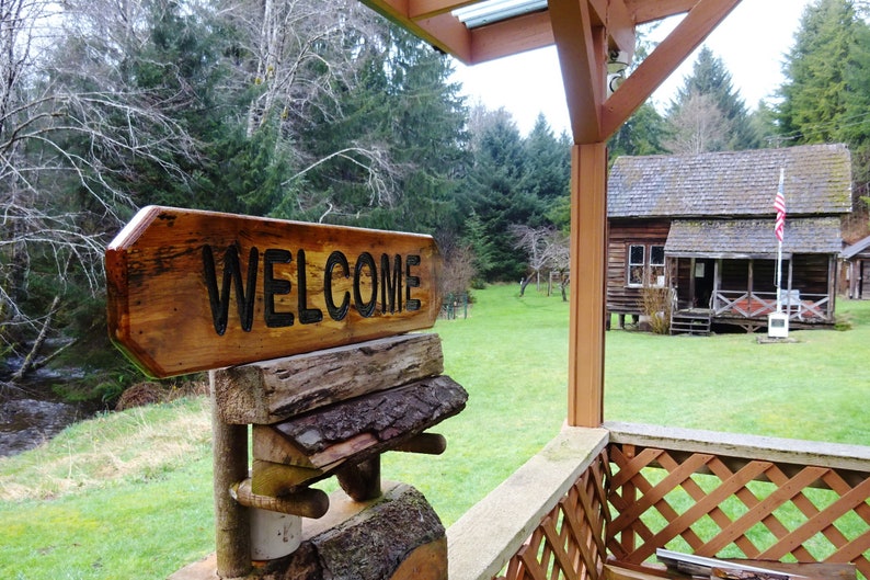 WELCOME sign on spalted Alder wood for your house cabin refuge lodge retreat camp campground sign. Hand carved routed black lettering SOS950 image 3