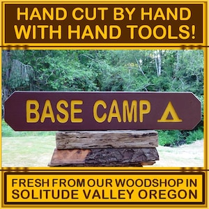 Park style personalizable BASE CAMP sign with tent symbol. Trail campground cabin Carved routed painted reflective letters & teepee MN151Ax
