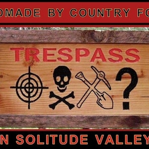 May include: Wooden sign with the word "TRESPASS" in red letters. Below are black illustrations of a target, skull and crossbones, crossed pickaxe and shovel, and a question mark. The sign is framed and has the text "HANDMADE BY COUNTRY FOLKS" and "IN SOLITUDE VALLEY".