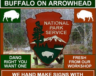 National Park Arrowhead Buffalo Sign, Hand Carved Wood Cabin Lodge Campground Décor SP003Mc