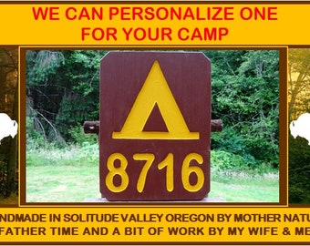 CAMP ADDRESS driveway sign, for your road street home cabin lodge campground sign. Carved routed reflective letters & tent symbol CUS407M+