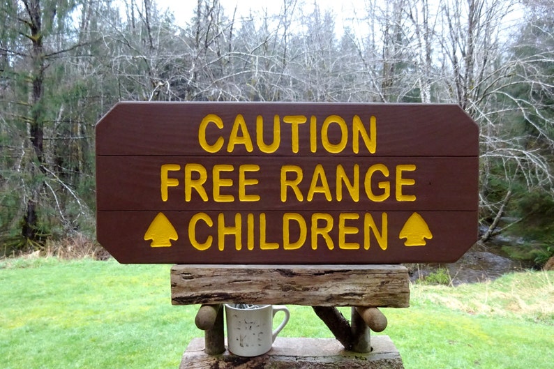 Caution FREE RANGE CHILDREN sign Park style trail road cabin lodge camp campground sign Hand carved routed reflective lettering 946sos