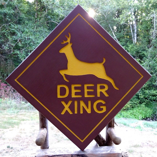 DEER CROSSING ROAD warning park style sign.  Road street cabin campground. Hand carved routed painted reflective lettering and deer MAN000Y+