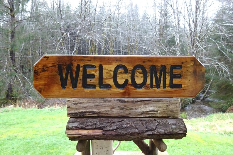 WELCOME sign on spalted Alder wood for your house cabin refuge lodge retreat camp campground sign. Hand carved routed black lettering SOS950 image 2