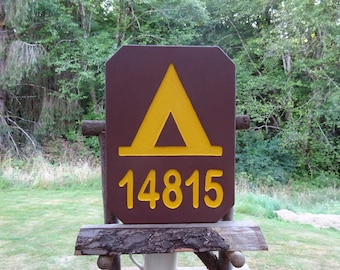 CAMP ADDRESS Teepee symbol sign National & State Park trail road home cabin sign. Hand carved routed reflective lettering and symbol 407G-M=