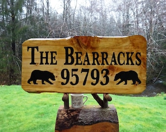 Cabin name sign with address, THE BEARRACKS hand carved, routed with bold painted lettering, twin bear silhouettes and all-weather finish