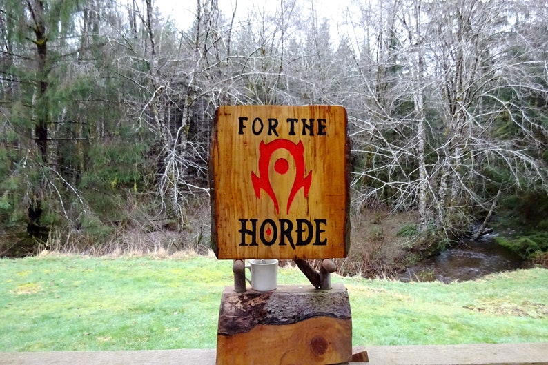 FOR THE HORDE, World of Warcraft WoW sign, Hand carved routed painted black letters and & blood red symbol with an all-weather finish SOS676 image 5