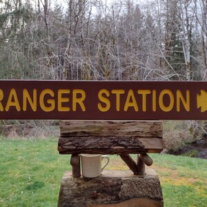 National Park style RANGER STATION sign with arrow, hand carved routed painted for trail road cabin camp. Reflective letters & arrow MA001F+
