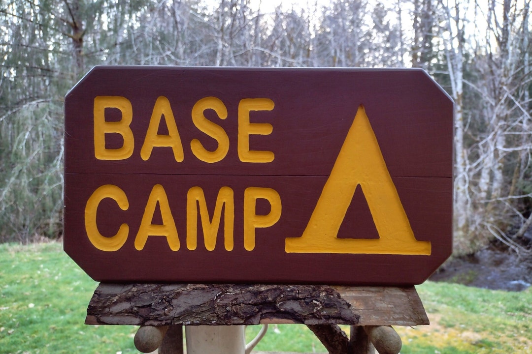 BASE CAMP National Park Service Style Sign With Tent Symbol, Cabin