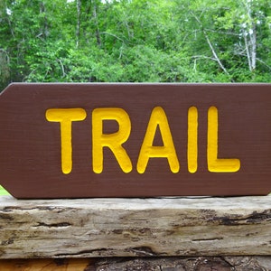 TRAIL MARKER SIGN, National & State Park path trail road home cabin campground sign. Hand carved routed reflective yellow lettering MAN002A+