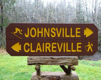 Park LAST NAME DIRECTION sign with skier, hiker & arrows, road home cabin camp sign. Carved routed reflective lettering and symbols 405E-M-