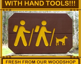 Hand Carved National Park Style Hikers and Dog Sign with Reflective Backpacker and Animal
