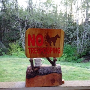 NO TRESPOOPING, dog owner warning sign on natural-edge wood. Hand carved routed painted letters & dog. A weather finished outdoor use SOS475 image 4