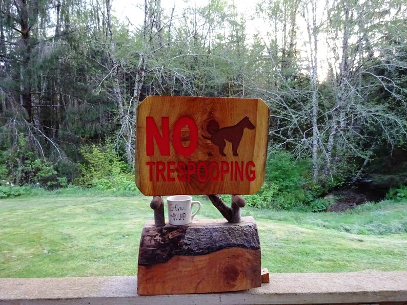 NO TRESPOOPING, dog owner warning sign on natural-edge wood. Hand carved routed painted letters & dog. A weather finished outdoor use SOS475 image 4