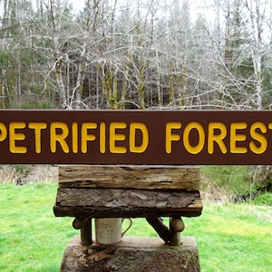 Favorite Park PETRIFIED FOREST sign, path trail road cabin lodge campground sign. Hand carved routed light reflective yellow letters sos931-
