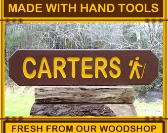 Hand Carved National Park Style Family Name Sign with Reflective Letters and Hiker
