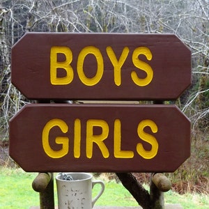 BOYS & GIRLS Vintage park style signs, restroom shower toilet cabin lodge campground signs. Hand carved routed reflective lettering ma012D+