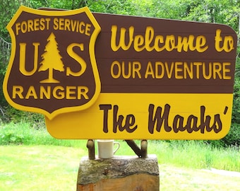 Custom Wood Forest Service Sign, Carved Trailhead, Cabin Lodge Entrance, Outdoor Business Sign MC88BLSc