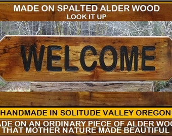 WELCOME sign on spalted Alder wood for your house cabin refuge lodge retreat camp campground sign. Hand carved routed black lettering SOS950