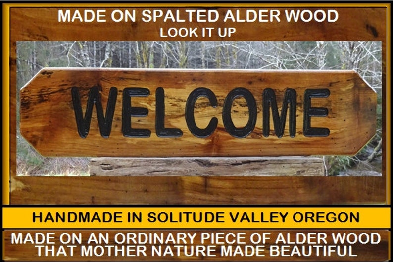 WELCOME sign on spalted Alder wood for your house cabin refuge lodge retreat camp campground sign. Hand carved routed black lettering SOS950 image 1