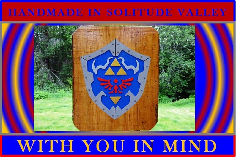 Legend of Zelda HYLIAN SHIELD, fantasy adventure game sign. Hand carved routed painted 3D Triforce emblem with raised steel rivets sos494 image 6