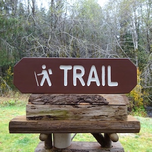 National Park style TRAIL with hiker sign. Yard cabin lodge campground. Hand carved routed painted reflective lettering & backpacker SP868x