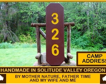 Camp Address customizable park style in/outdoor road street cabin lodge campground. Hand carved routed painted reflective lettering CUS401D+