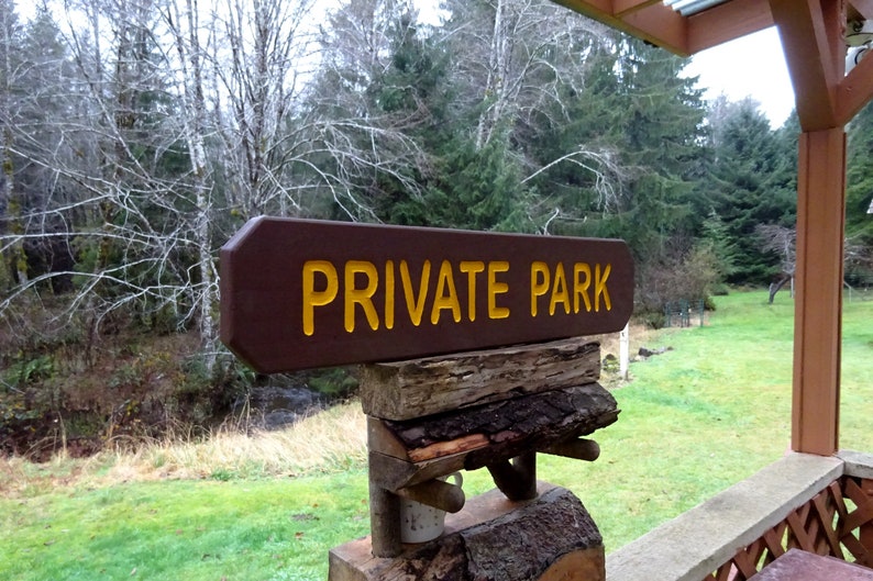 PRIVATE PARK Sign, National Park style trail road street cabin lodge campground sign. Hand carved routed painted reflective letters sp883 zdjęcie 3